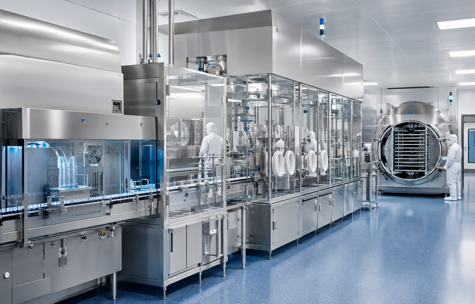 Integrated sterile vial filling and lyophilization line