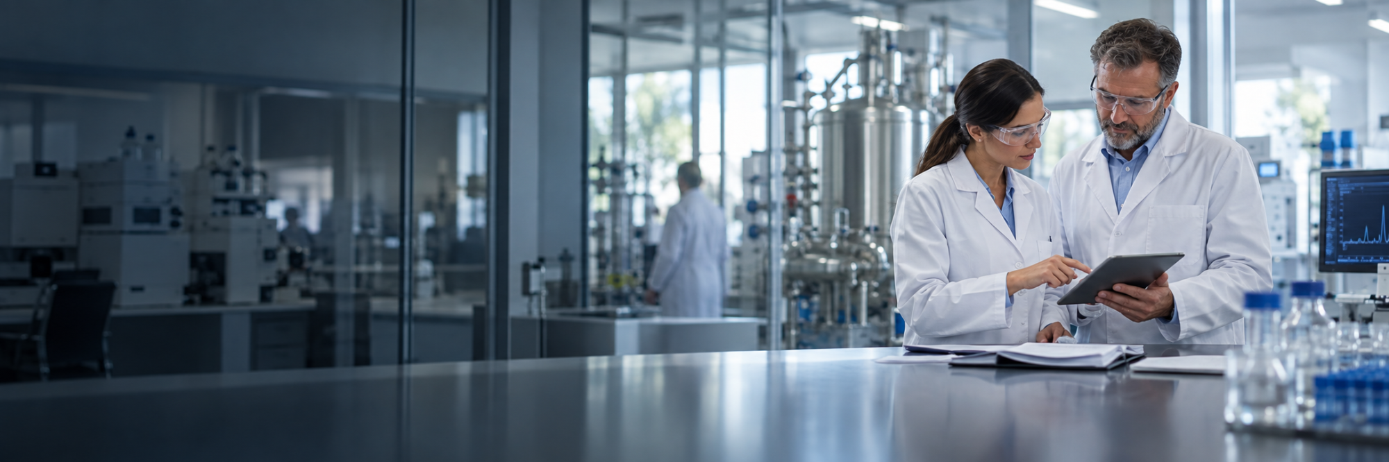 Illustrative pharmaceutical scientists discussing a development program