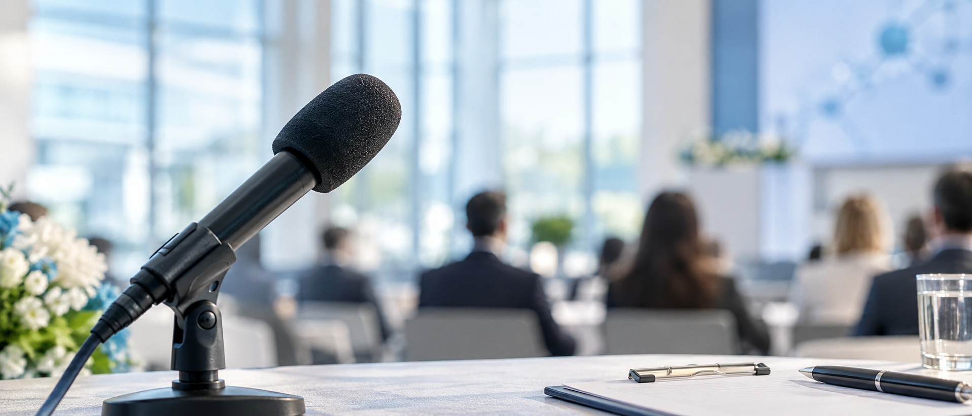 Illustrative media briefing with a microphone in a conference venue
