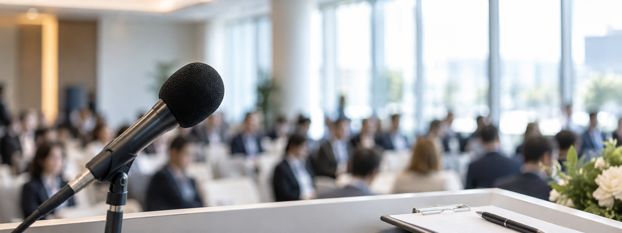 Illustrative conference scene with a microphone and softly blurred attendees