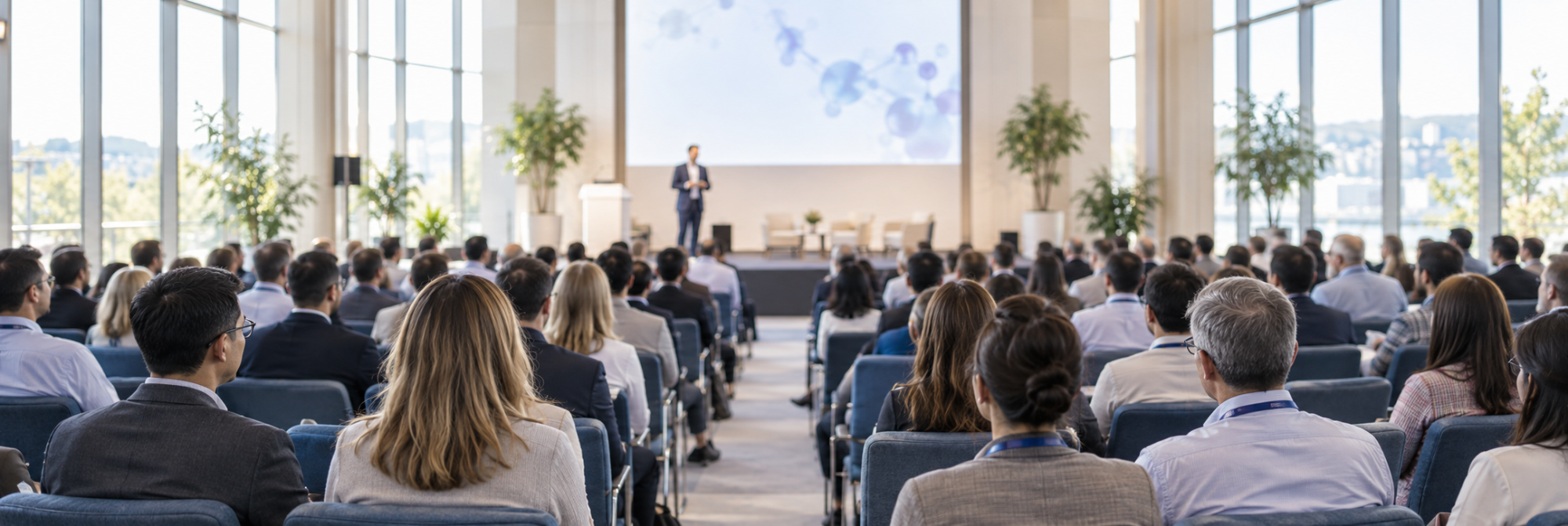 Illustrative bright conference hall viewed from behind seated attendees