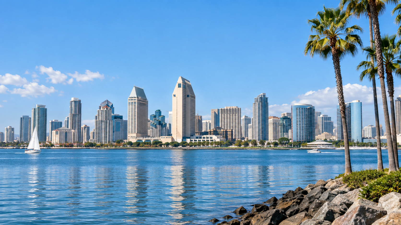 Illustrative daytime view of San Diego bay and the California waterfront skyline