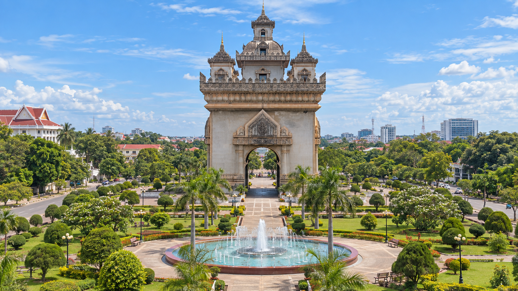 Illustrative daytime view of Vientiane with the Patuxai monument and gardens