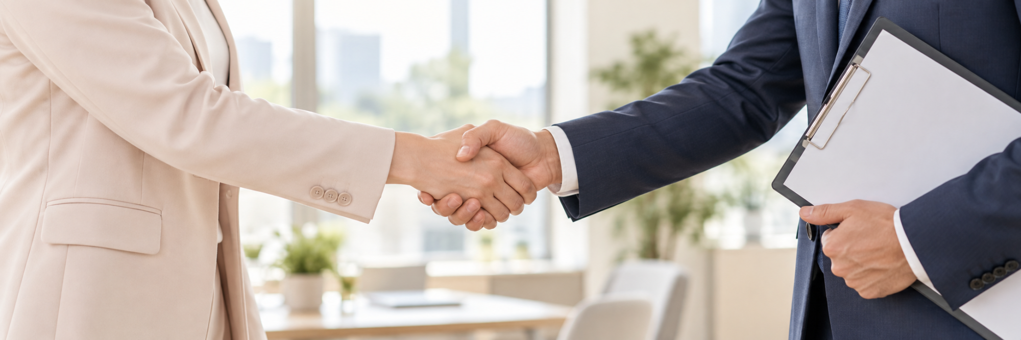 Conceptual recruitment scene: two professionals greeting each other with a handshake in a bright office